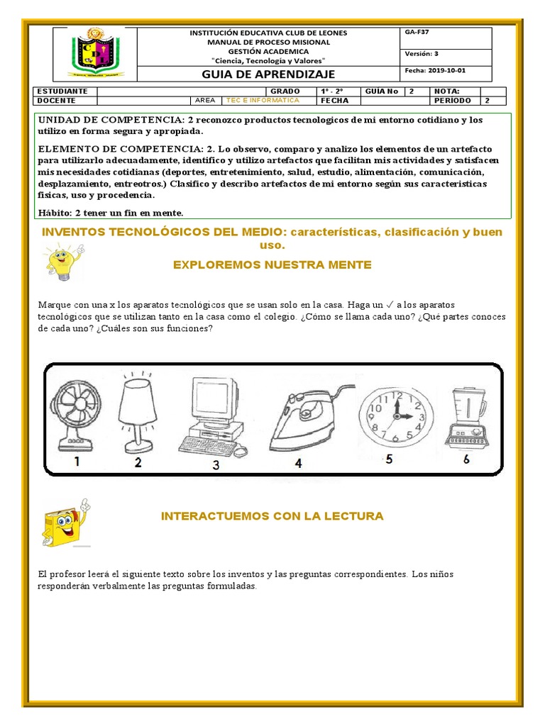 Guia Aprendizaje Tecnologia 1 Grado 2 Periodo 2020 | PDF | Maestros ...
