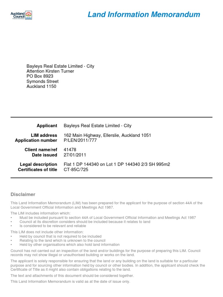 Auckland LIM Report for 162 Main Highway | PDF | Government | Justice