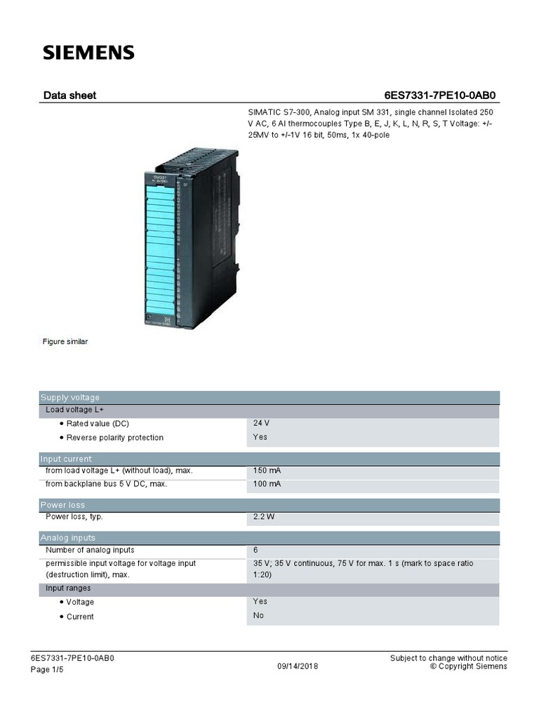 Data Sheet 6ES7331-7PE10-0AB0: Supply Voltage | PDF | Electric Power ...