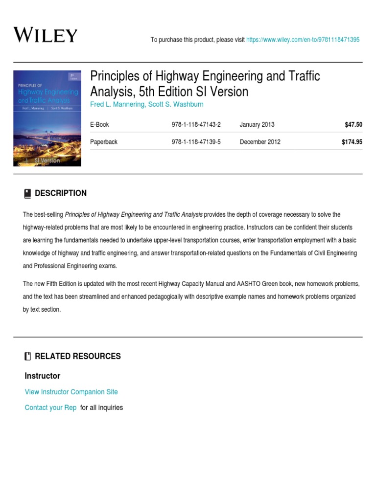 Wiley Principles of Highway Engineering and Traffic Analysis, 5th Edition SI Version 9781