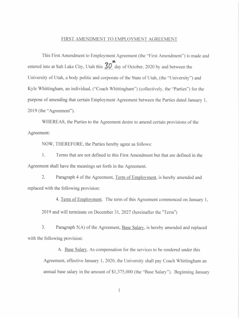 Kyle Whittingham 2020 Contract Amendment | PDF