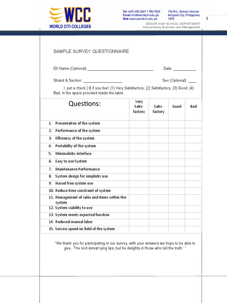 Questions:: Sample Survey Questionnaire | PDF | Business