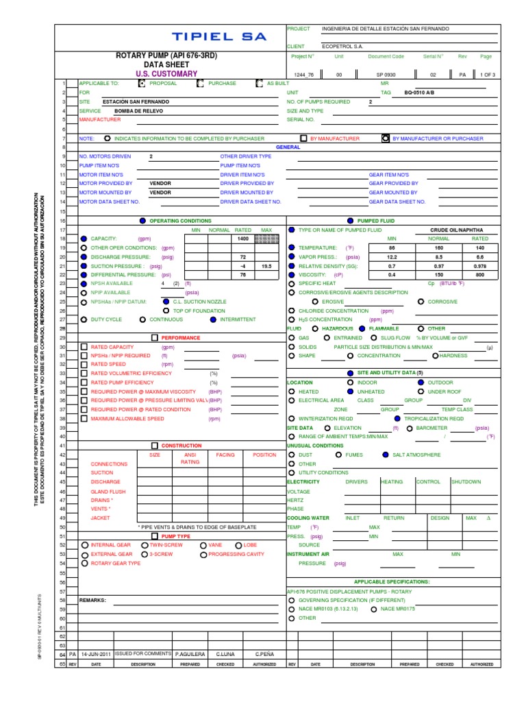 Rotary Pump (Api 676-3Rd) Data Sheet: U.S. Customary | PDF | Pump ...