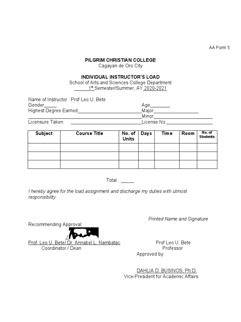Pilgrim Christian College: I Hereby Agree For The Load Assignment and ...
