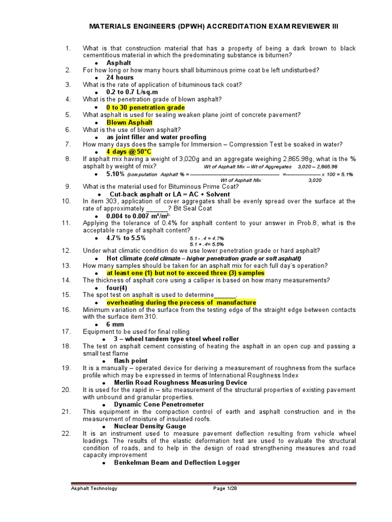 DPWH Materials Engineer Exam Reviewer | PDF | Road Surface | Asphalt