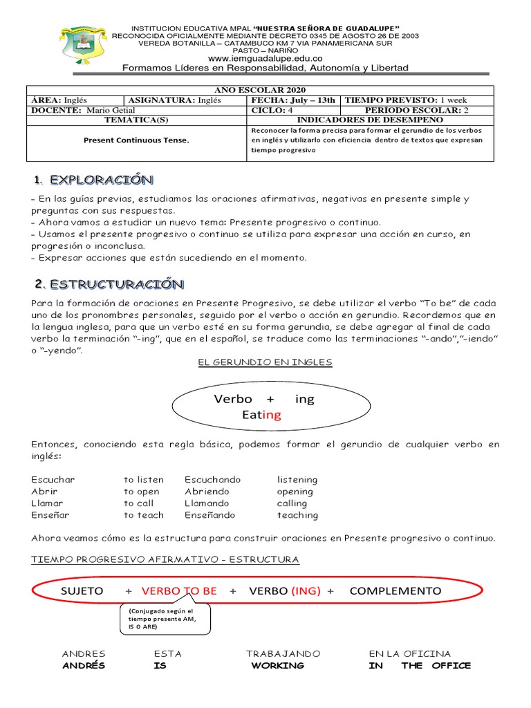 Hoja De Trabajo Del Presente Progresivo Presente Continuo En Inglés: