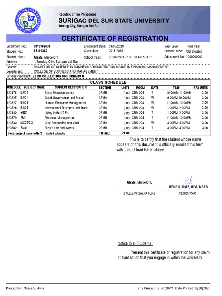 Certificate of Registration: 2020-2021 / 1ST SEMESTER - , Tandag City ...