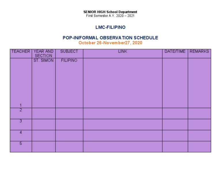POP-In Observation Schedule 2020 | PDF