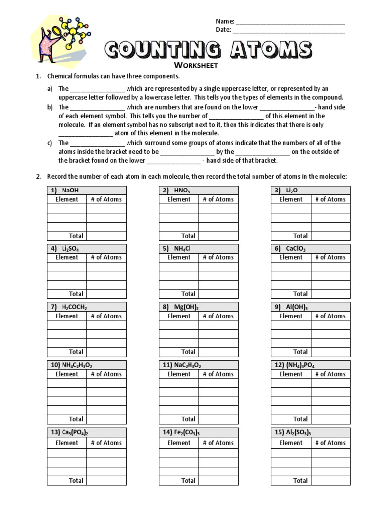 11 - Counting Atoms - Worksheet PDF  Molecules  Chemical Elements Regarding Counting Atoms Worksheet Answer Key