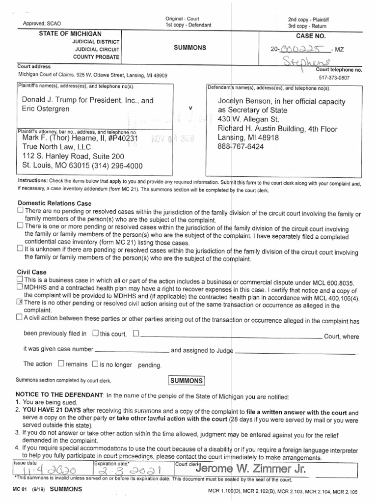 Trump v. Benson Complaint PDF