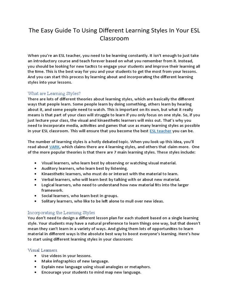 ESL Classroom Learning Styles Guide | PDF | Learning Styles | English ...