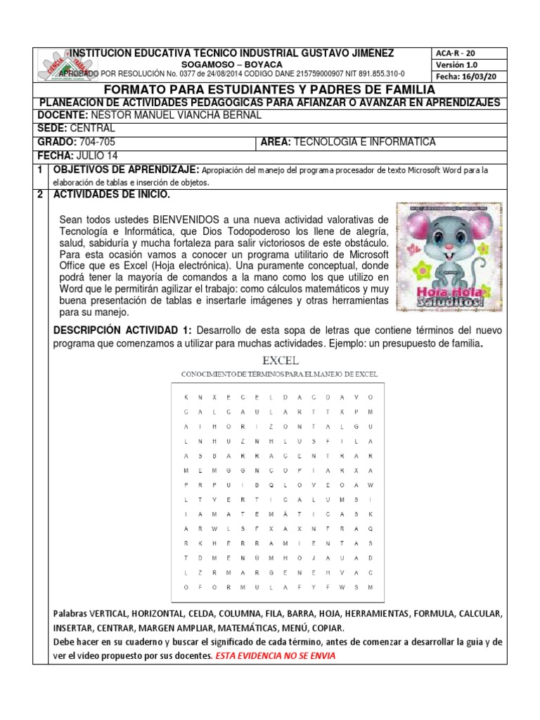 Guia 1 - 3P Estudiantes Informatica Grado 7° | PDF | Microsoft Excel ...