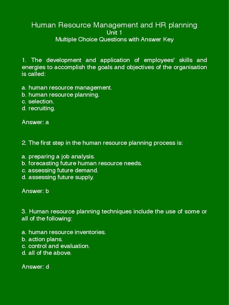 Mcqs Unit 1 Human Resource Management And Planning | Pdf | Human Resource  Management | Human Resources