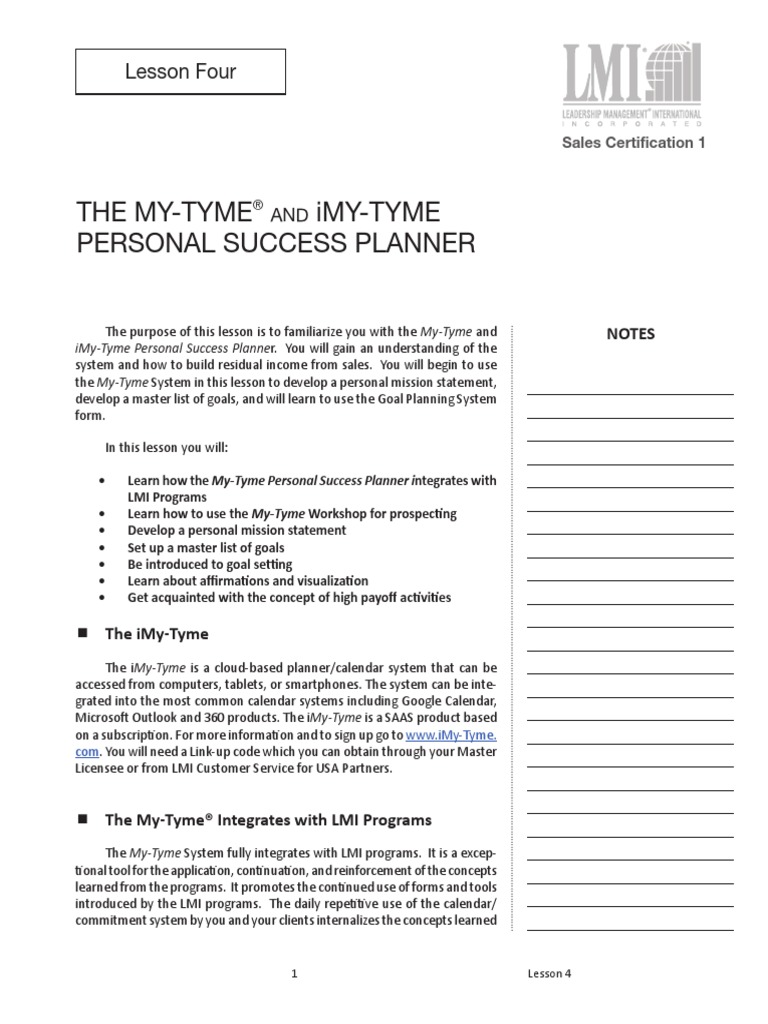 The My-Tyme Imy-Tyme Personal Success Planner: Lesson Four | PDF ...