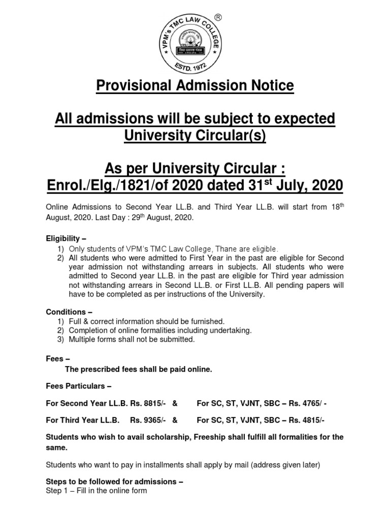 Provisional Admission Notice 20 21 17 Aug 2020 PDF Government