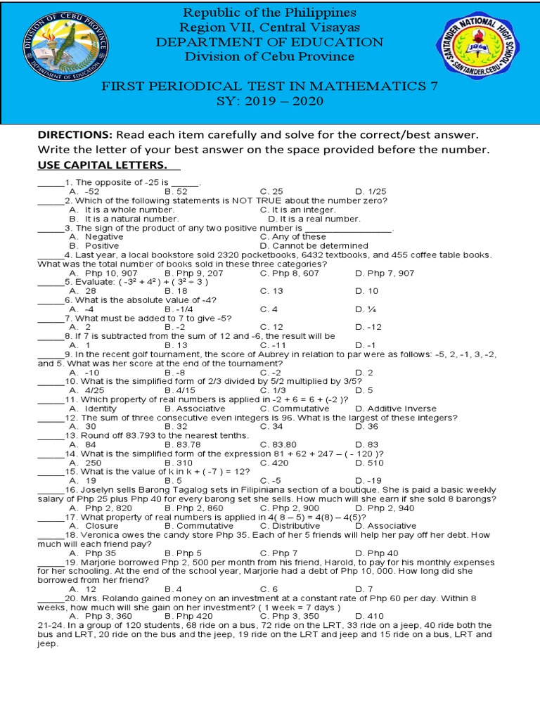 Math Test Questions for Grade 7 | PDF | Numbers | Algebra
