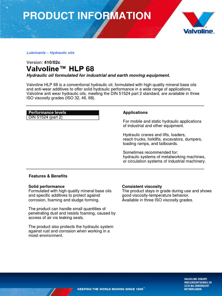 Product Information Valvoline™ HLP 68 PDF Mechanical Engineering
