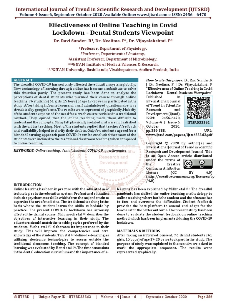 Effectiveness of Online Teaching in Covid Lockdown Dental Students ...