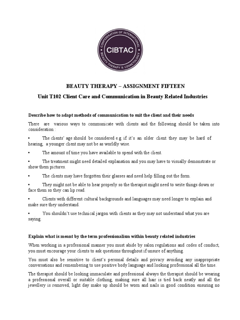 Beauty Therapy - Assignment Fifteen Unit T102 Client Care and ...