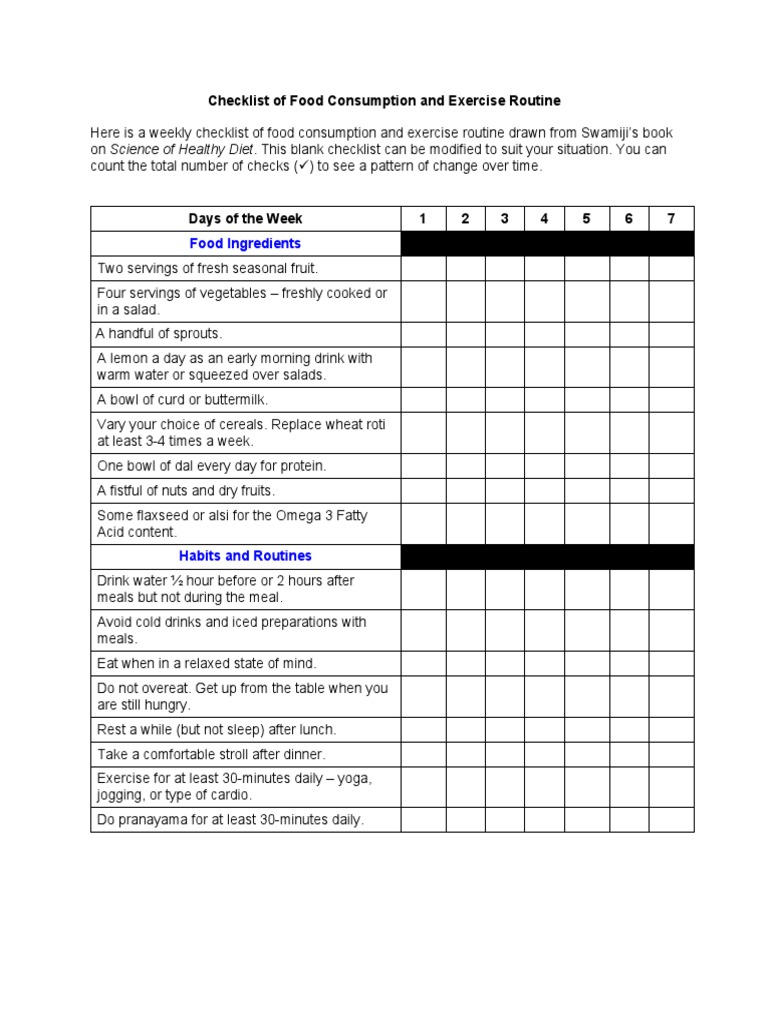 Checklist of Food Consumption and Exercise Routine | PDF