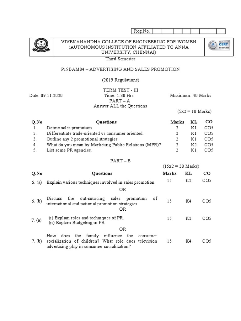 Advertising and Sales Promotion Test | PDF