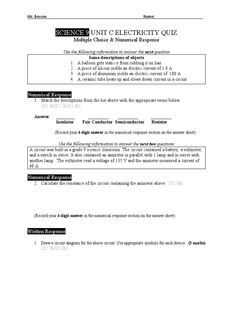 Science 9 Electricity Quiz PDF Anode Series And Parallel Circuits