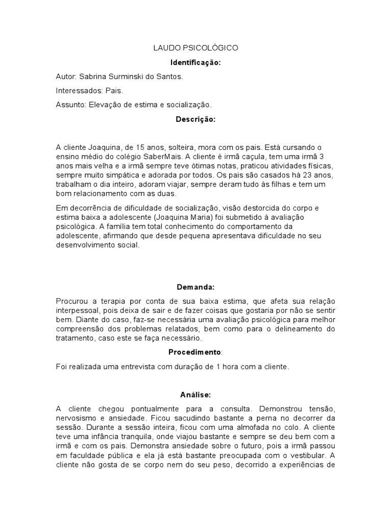 Laudo | PDF | Avaliação psicológica | Ansiedade