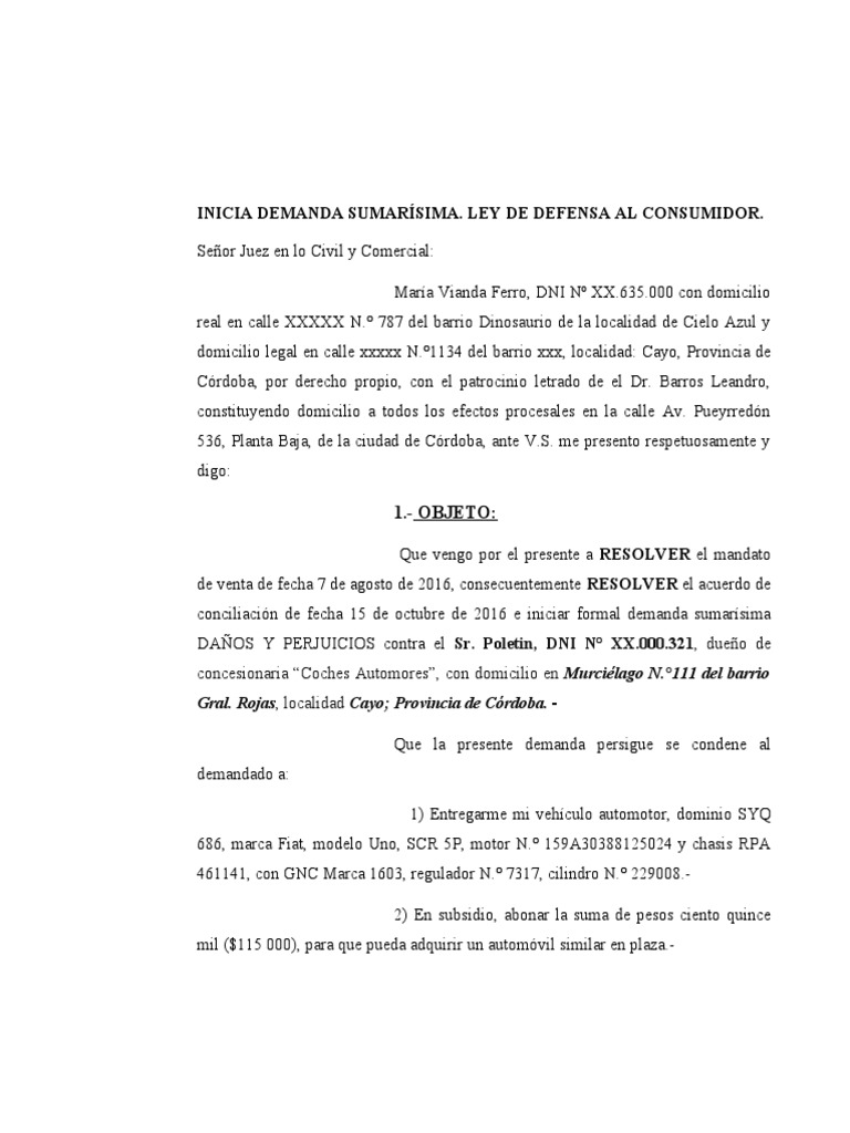 Modelo Demanda Danos Y Perjuicios Los Consumidores Demanda Judicial