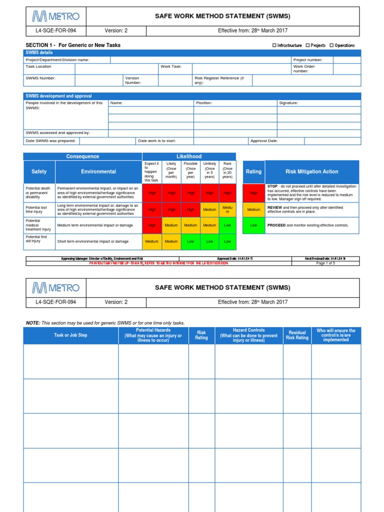 Generic Safe Work Method Statement | PDF | Risk | Environmental Impact ...