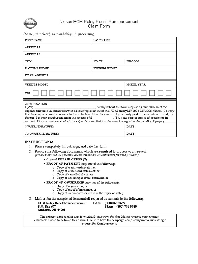 Nissan ECM Relay Recall Reimbursement Claim Form: Please Print Clearly ...