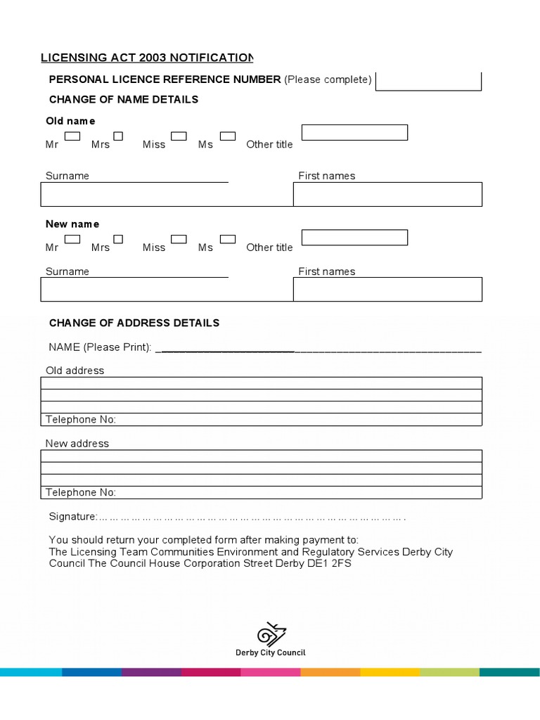 Licensing Act 2003 Notification of Change of Name or Address | PDF ...