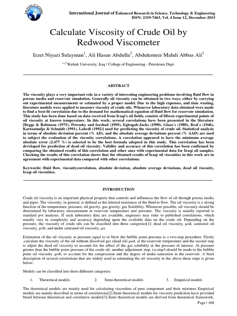 Calculate Viscosity of Crude Oil PDF Viscosity Petroleum Reservoir