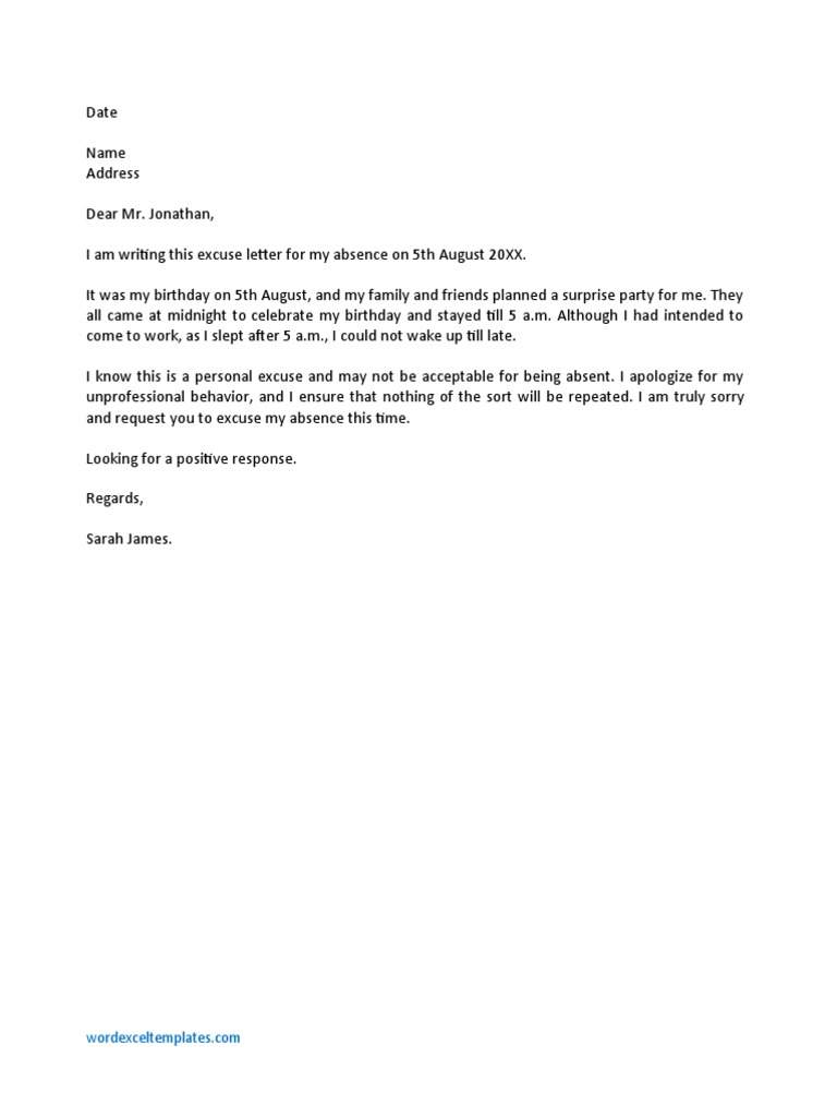 Excuse Letter of Absence Due To Birthday PDF