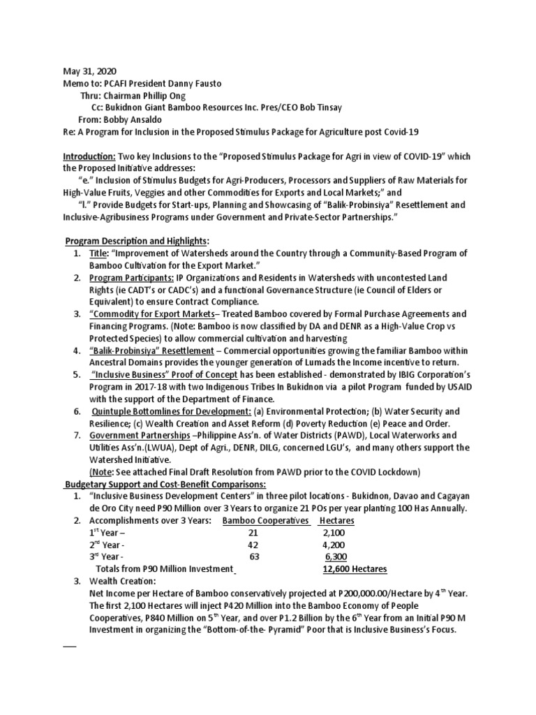May 31, 2020 Memo To PCAFI President Danny Fausto Re COVID-19 Stimulus ...