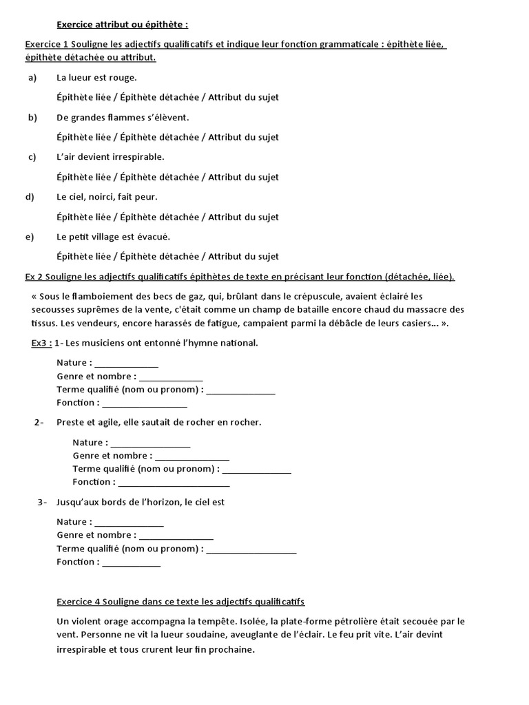 évaluation Attribut Du Sujet Cm2 Pdf Attribut Epithete | PDF | Adjectif | Genre grammatical