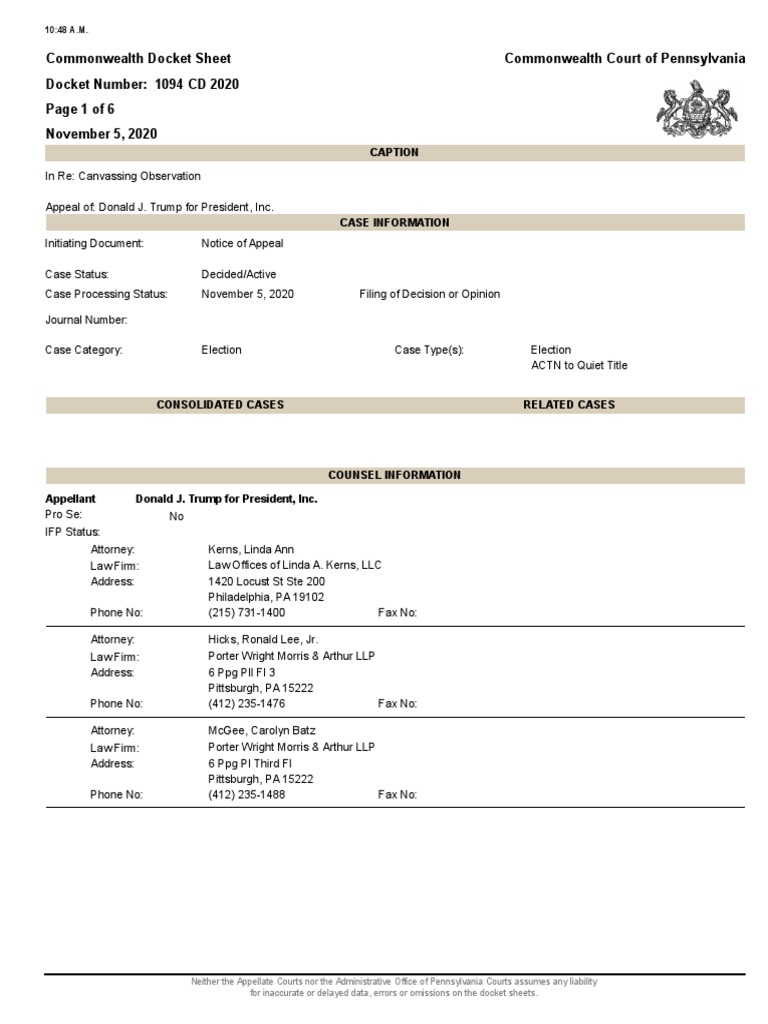 Trump Campaign Canvassing Observation Appeal Docket Sheet | PDF | Brief ...