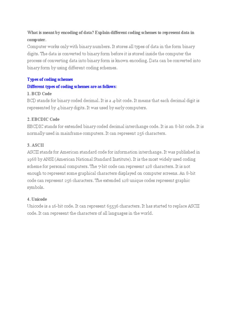 What Is Meant by Encoding of Data? Explain Different Coding Schemes To ...