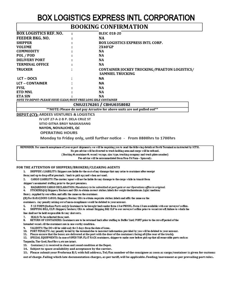 Box Logistics Express Intl Corporation Booking Confirmation PDF