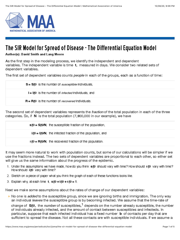 The SIR Model For Spread of Disease The Differential Equation Model