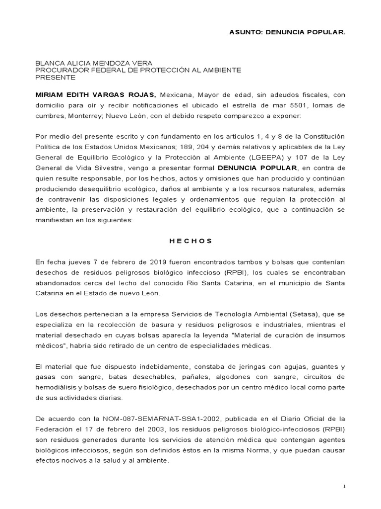 Denuncia Popular por Desechos Peligrosos | PDF | Contaminación | Residuos
