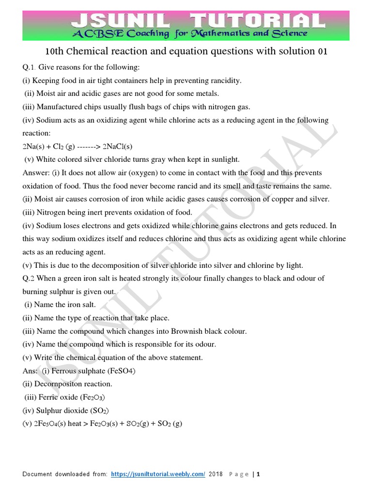 TH Hemical Reaction and Equation Questions With Solution Document