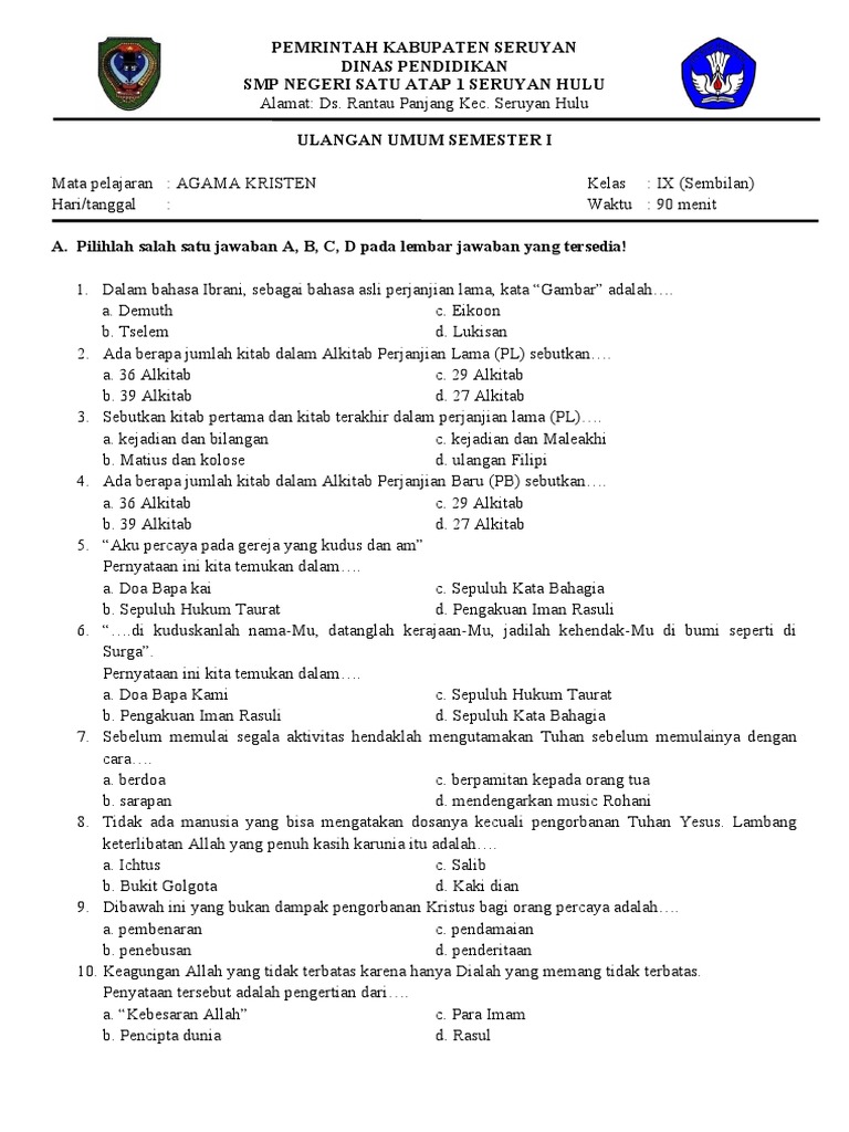Soal Agama Kristen Kelas Vii Semester 1 T A 2020 2021 Pdf