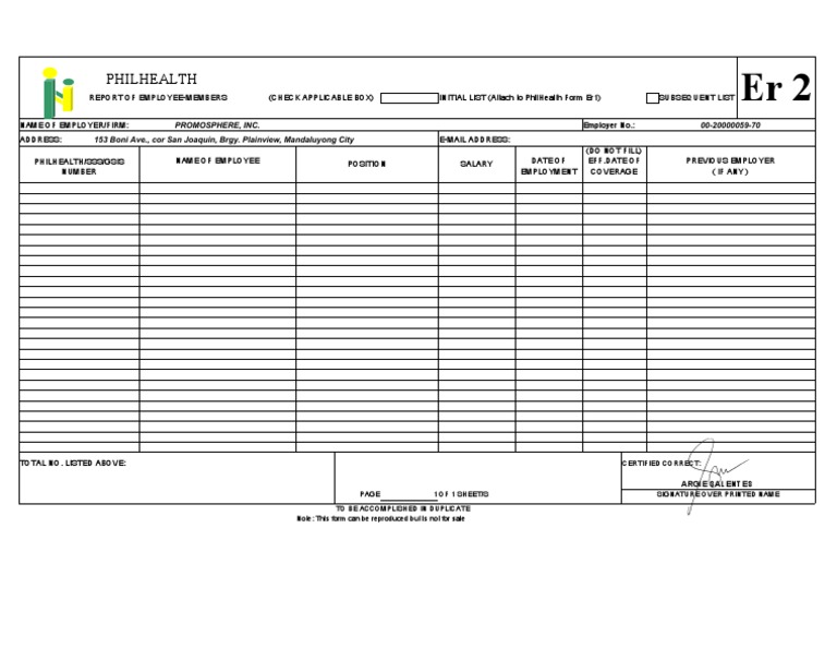 Promosphere Inc. PhilHealth ER2 Form | PDF