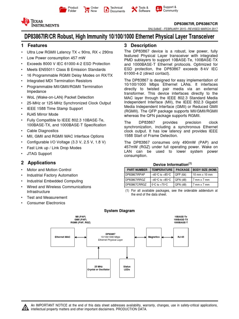 Physical Layer Transceiver TI DP83867IR PDF Data