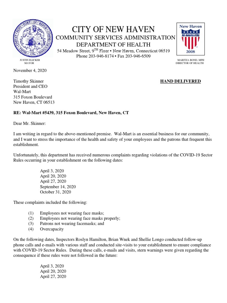 New Haven Walmart Final Warning Letter 2020 PDF Government Business
