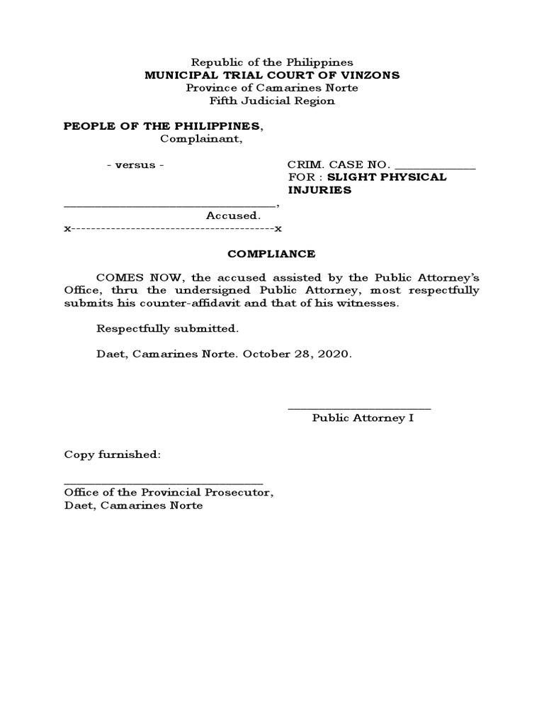 Counter Affidavit Slight Physical Injuries | PDF