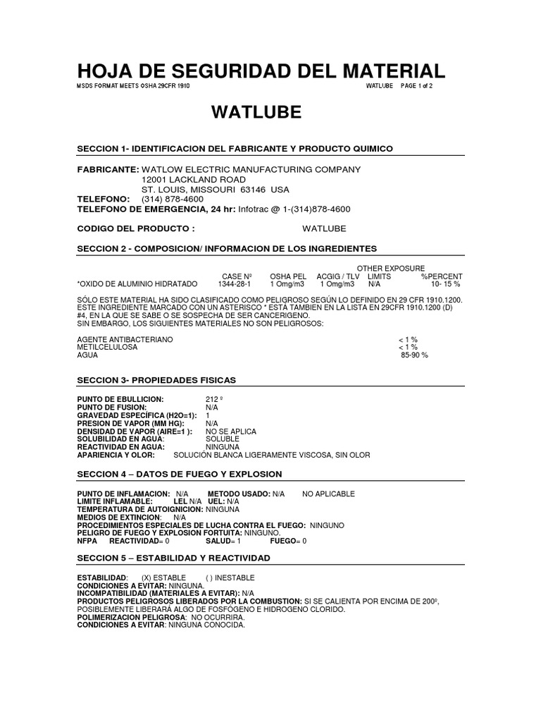 Watlube Ficha Seguridad PDF Agua Materiales
