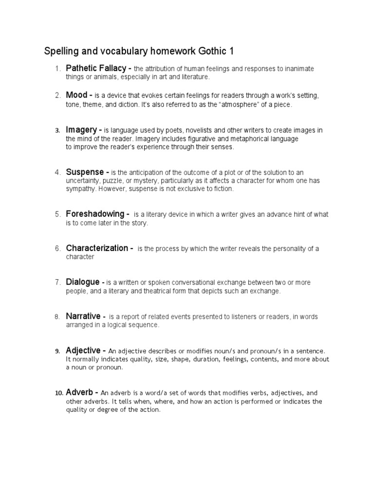 Spelling and Vocabulary Homework Gothic 1 | PDF