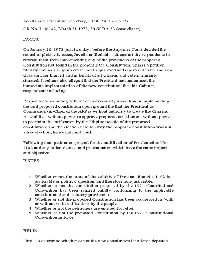 Javellana v. Executive Secretary 50 SCRA 33 (1973) PDF Ratification