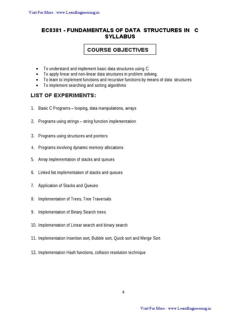 EC8381 - Fundamentals of Data Structures in C Laboratory Manual - by ...